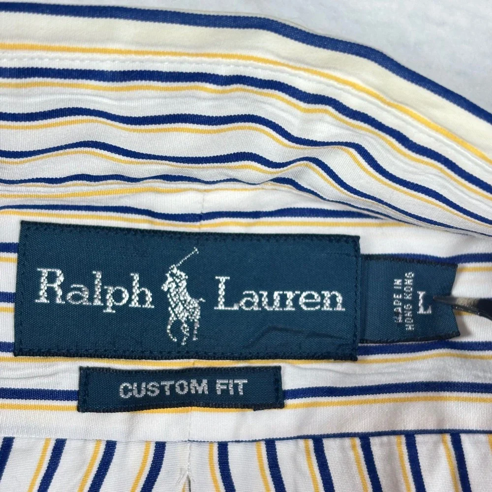 Polo Ralph Lauren Button Down Shirt White Blue Yellow Stripe Custom Fit Cotton L